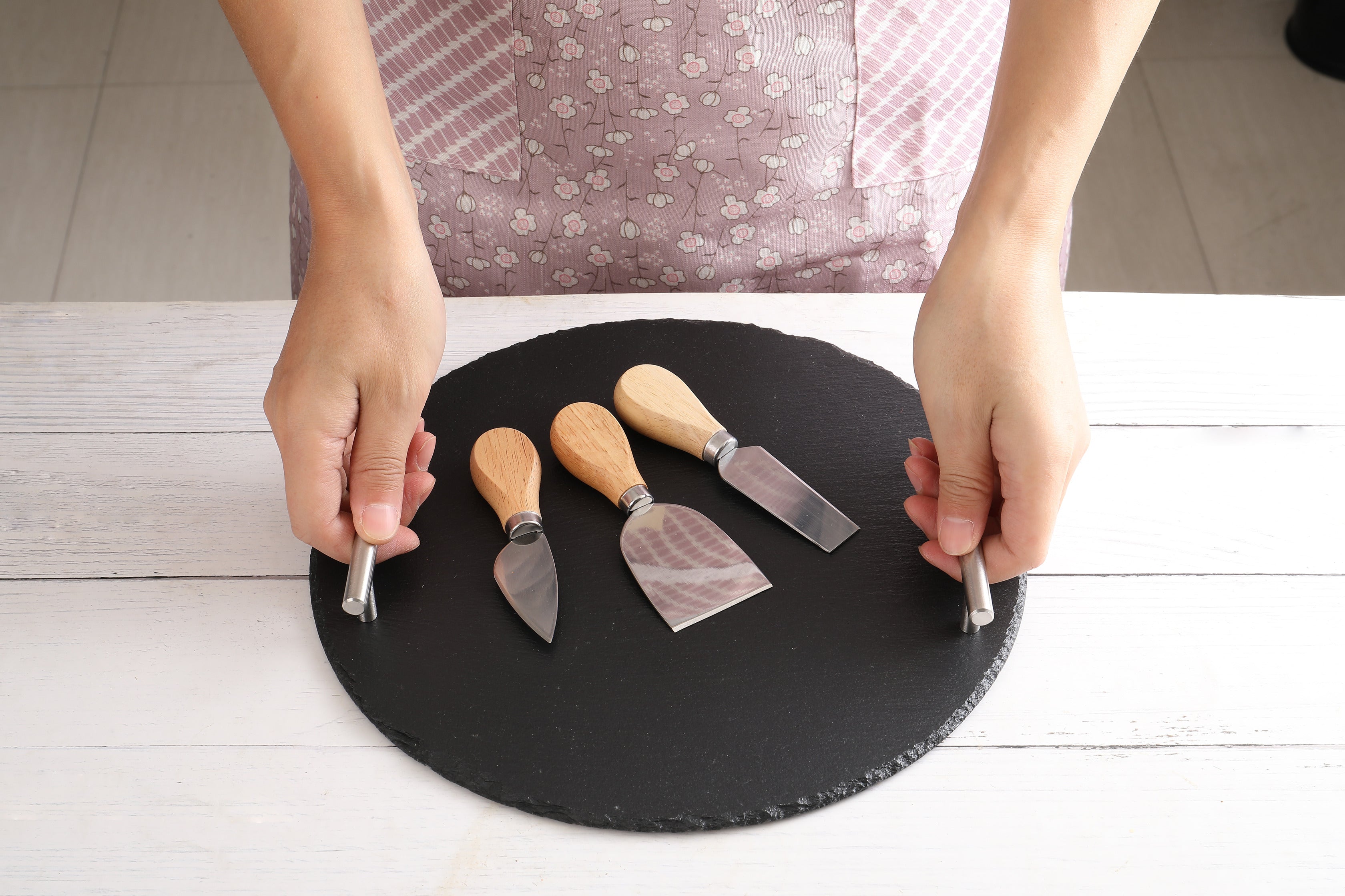 Round Slate Stone Serving Tray with stainless steel Handles kit