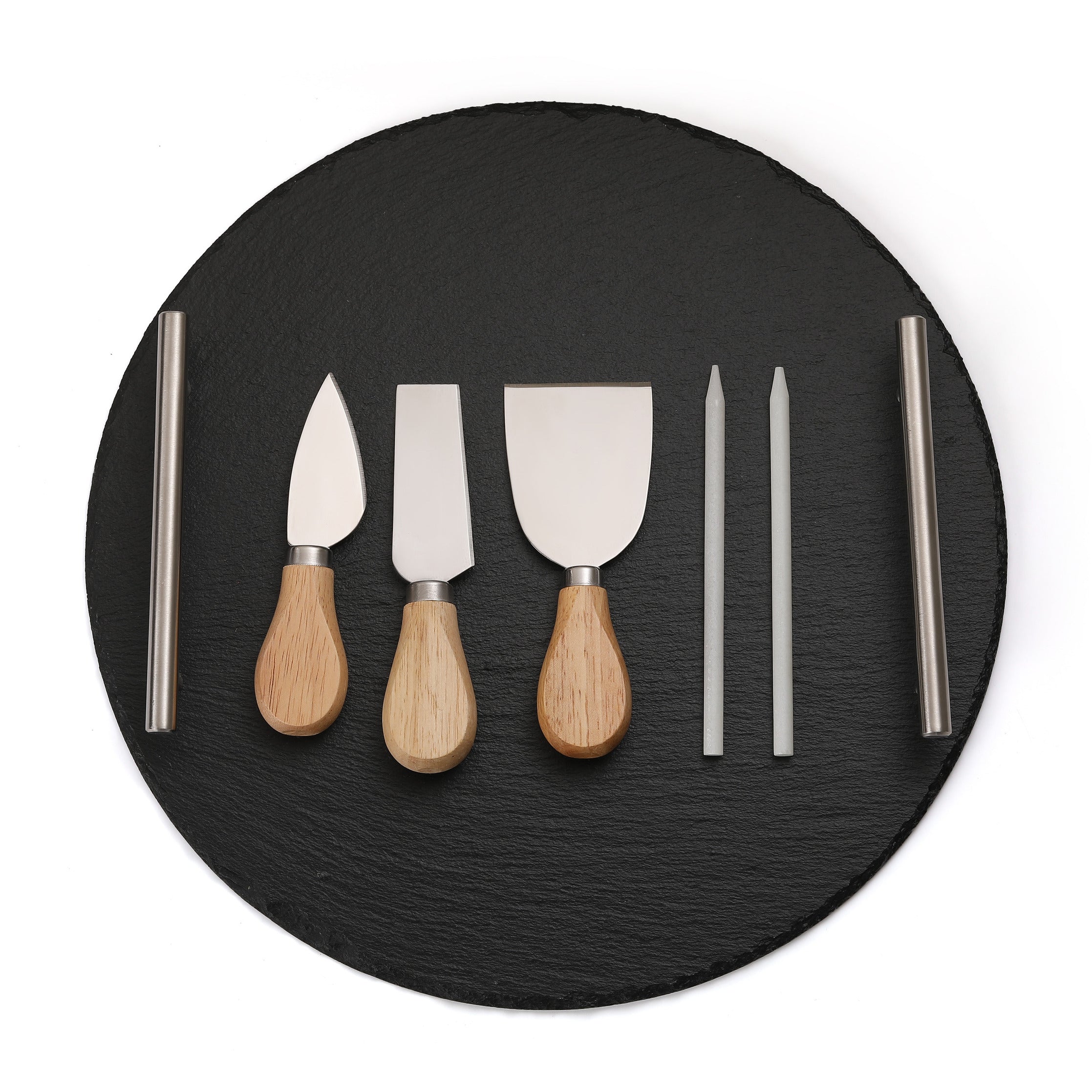 Round Slate Stone Serving Tray with stainless steel Handles kit